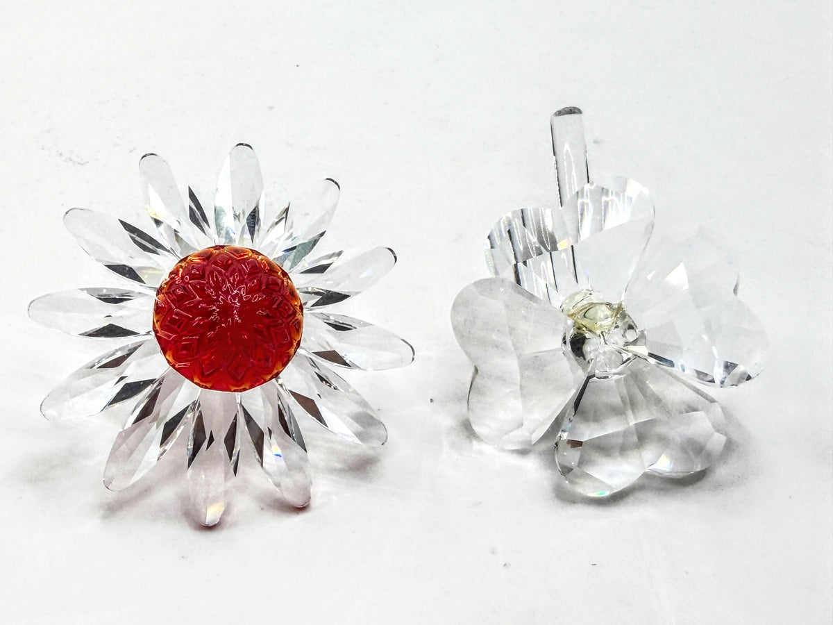 Retired Swarovski Crystal Red Marguerite Daisy & Four Leaf Clover Set of 2 A338