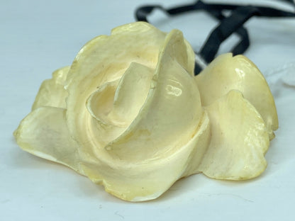 Art Deco carved large Resin/Bone 3D Rose pendant on silk black ribbon 15g GS648