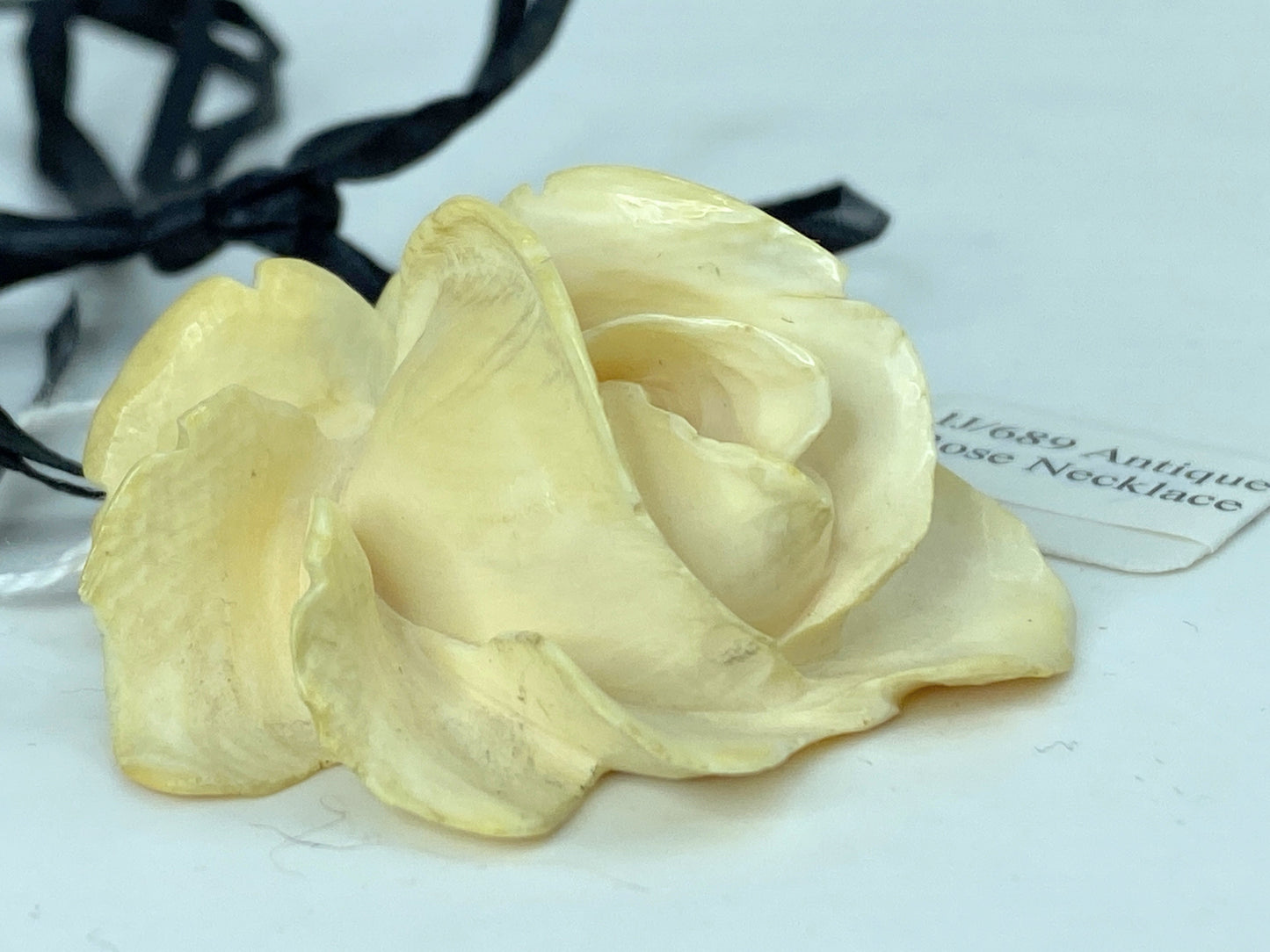 Art Deco carved large Resin/Bone 3D Rose pendant on silk black ribbon 15g GS648