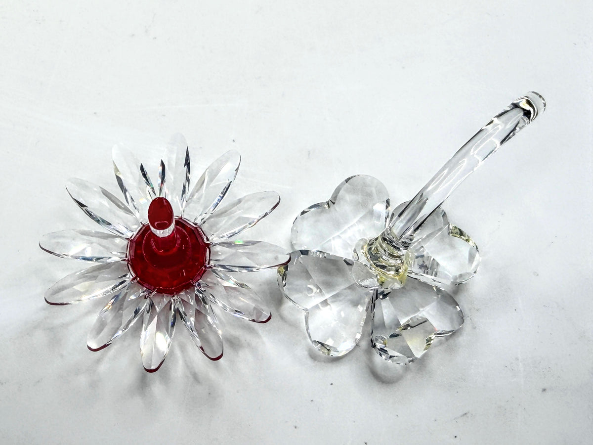 Retired Swarovski Crystal Red Marguerite Daisy & Four Leaf Clover Set of 2 A338