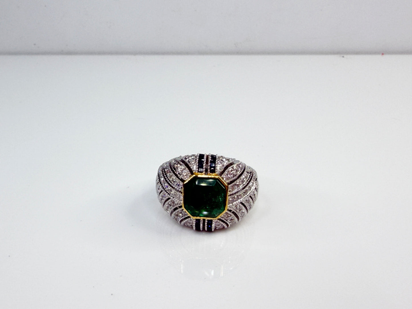 Vintage Octagonal Emerald Diamond Sapphire 18K Statement Ring JR1481