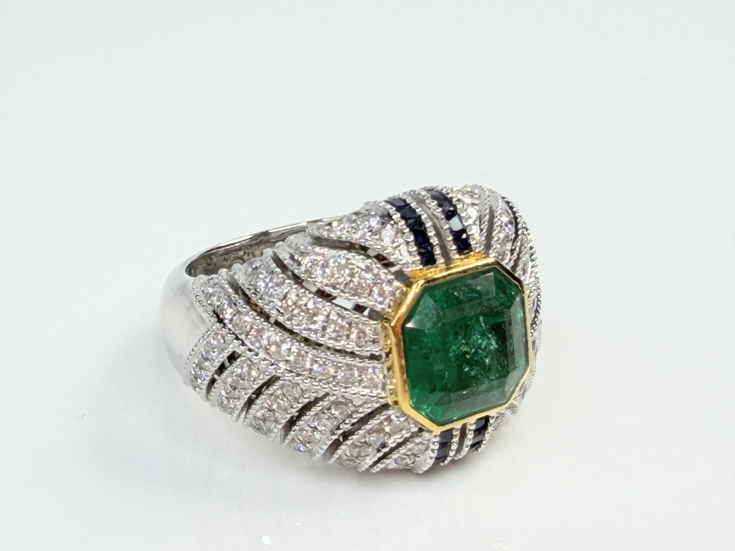 Vintage Octagonal Emerald Diamond Sapphire 18K Statement Ring JR1481