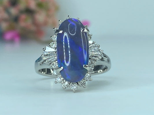 GIA certified Platinum 2.63ct Black Opal 0.74ct G/VS1 diamonds ring 6.8g JR439