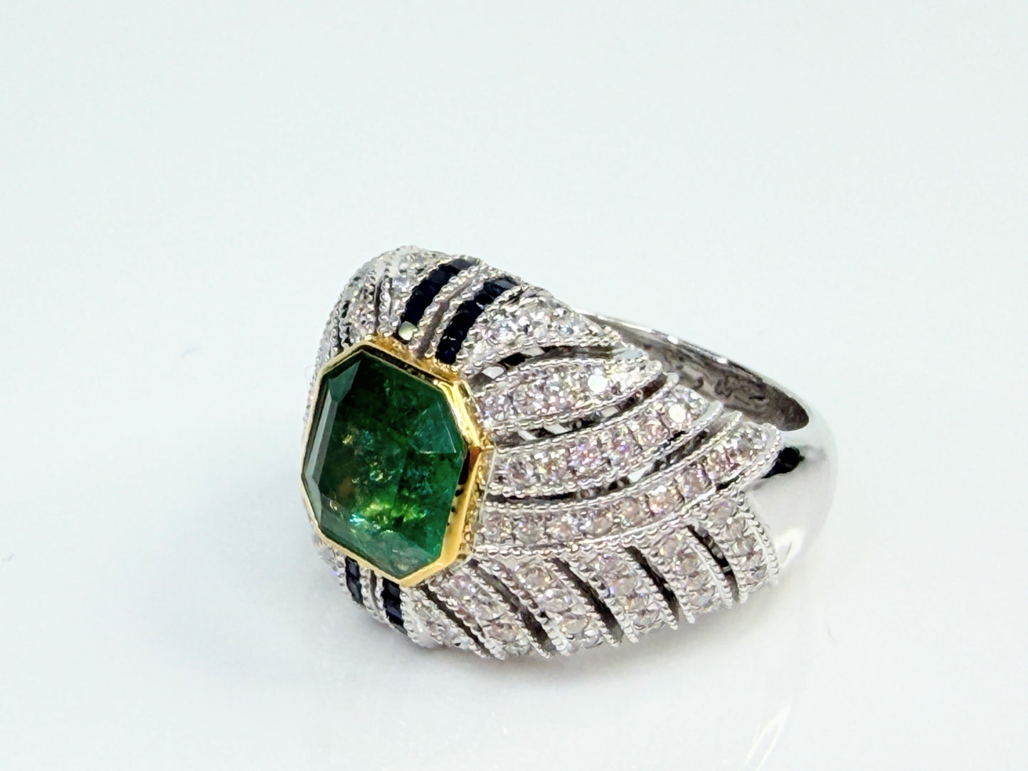 Vintage Octagonal Emerald Diamond Sapphire 18K Statement Ring JR1481