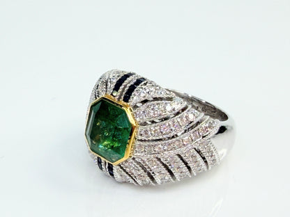 Vintage Octagonal Emerald Diamond Sapphire 18K Statement Ring JR1481