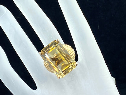 Art Deco emerald cut Citrine Seashell shank ring in 14K gold