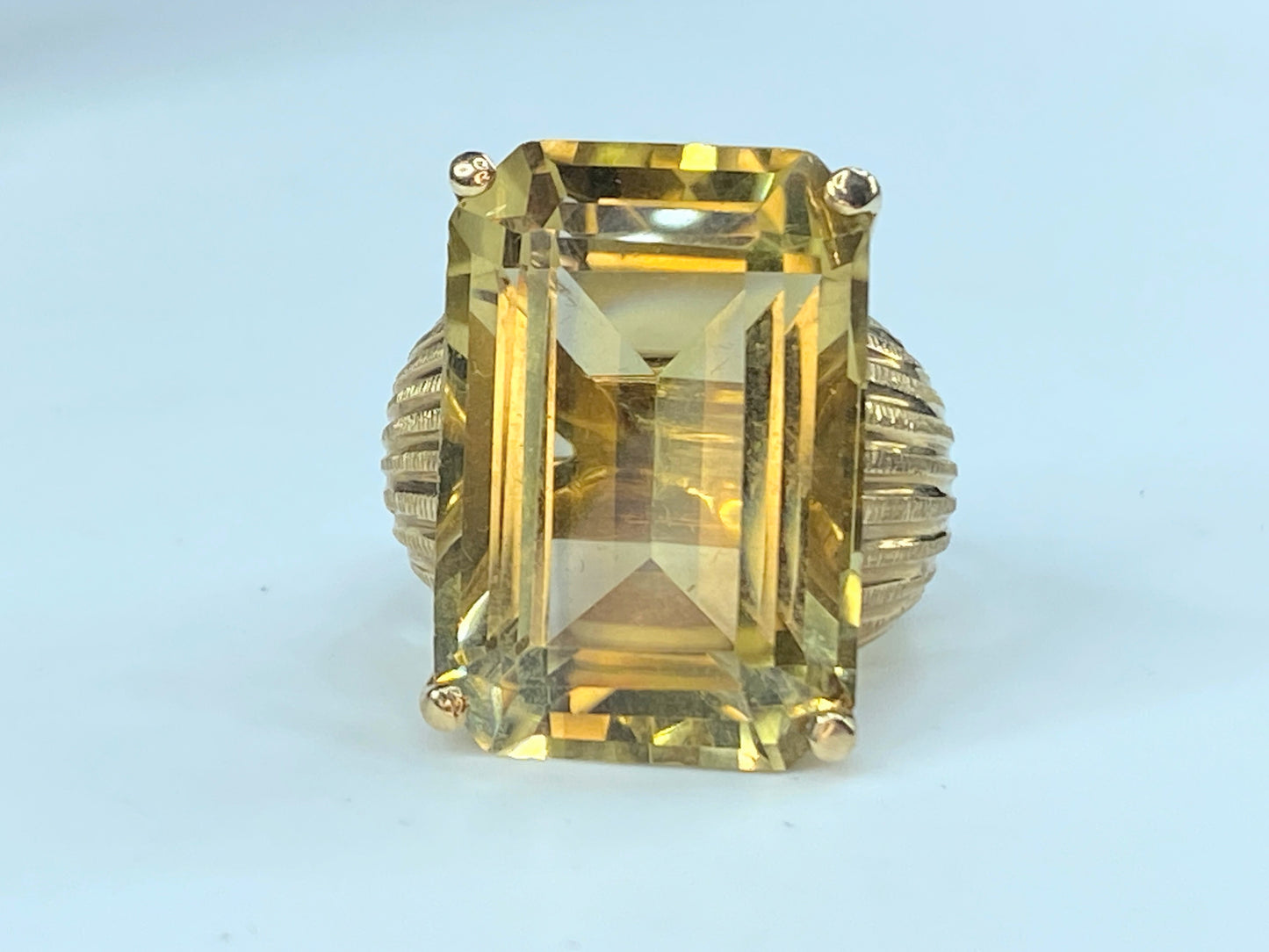 Art Deco emerald cut Citrine Seashell shank ring in 14K gold