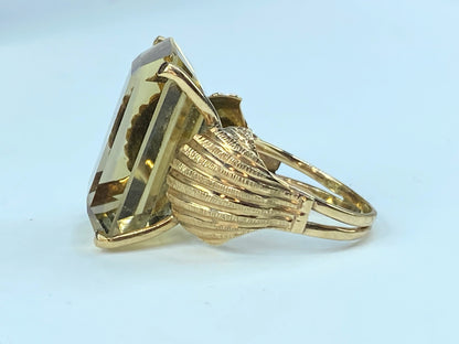 Art Deco emerald cut Citrine Seashell shank ring in 14K gold