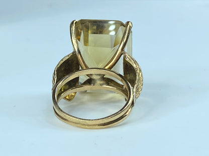 Art Deco emerald cut Citrine Seashell shank ring in 14K gold