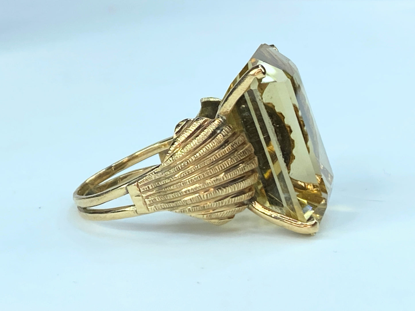 Art Deco emerald cut Citrine Seashell shank ring in 14K gold