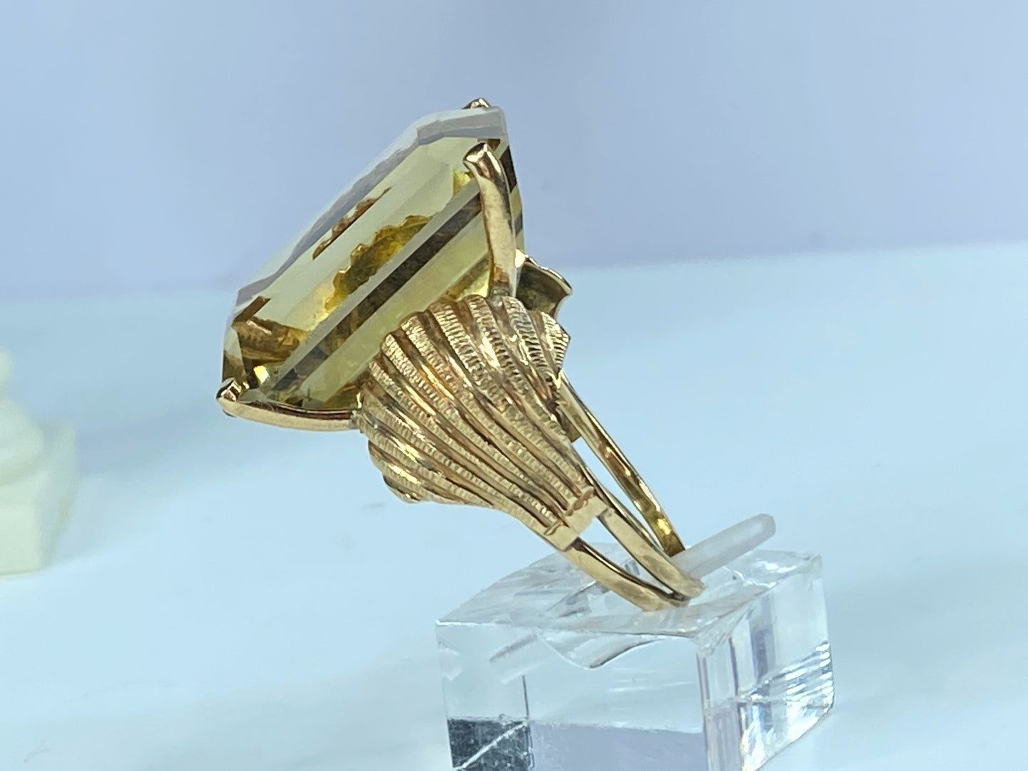 Art Deco emerald cut Citrine Seashell shank ring in 14K gold