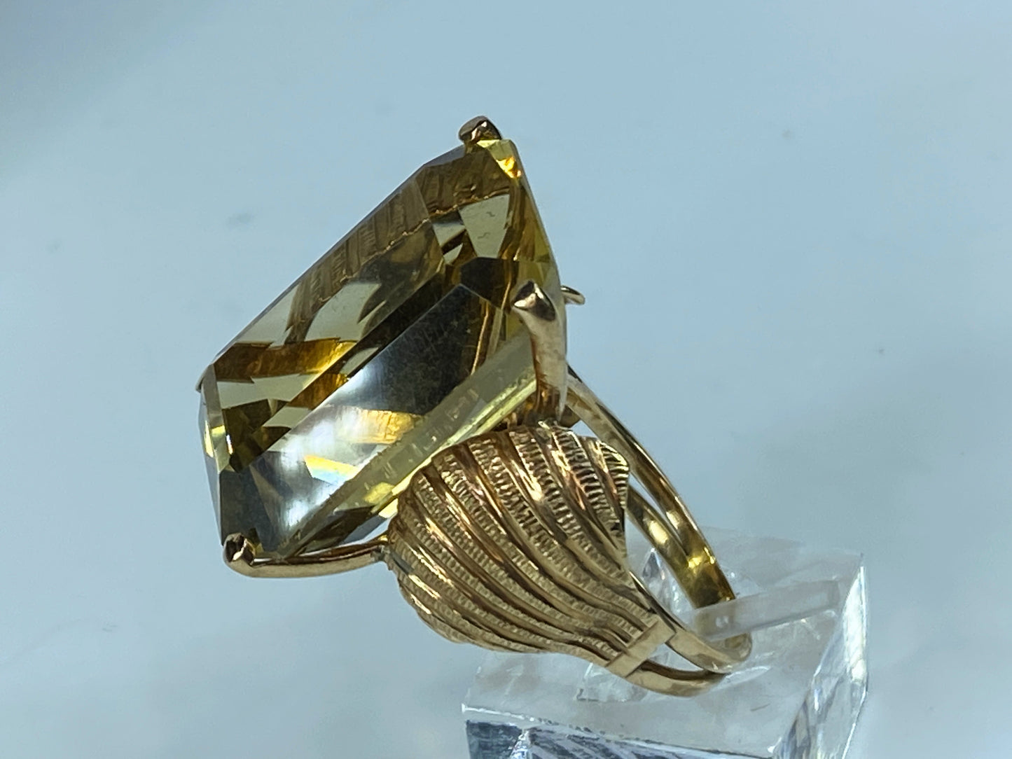 Art Deco emerald cut Citrine Seashell shank ring in 14K gold