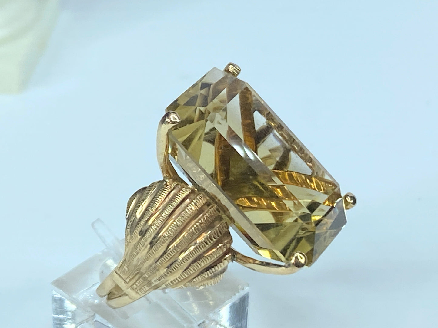 Art Deco emerald cut Citrine Seashell shank ring in 14K gold