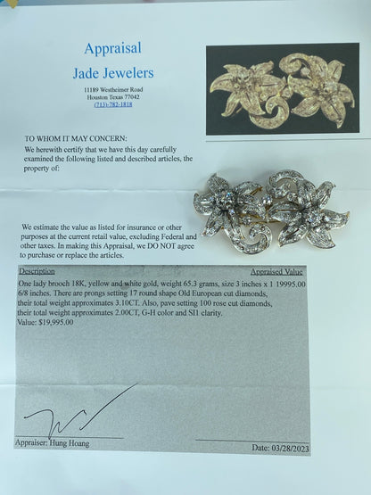 Appraised $19,995 Antique 18K 5.1ct Old Euro cut diamond Flower brooch 65g JR440