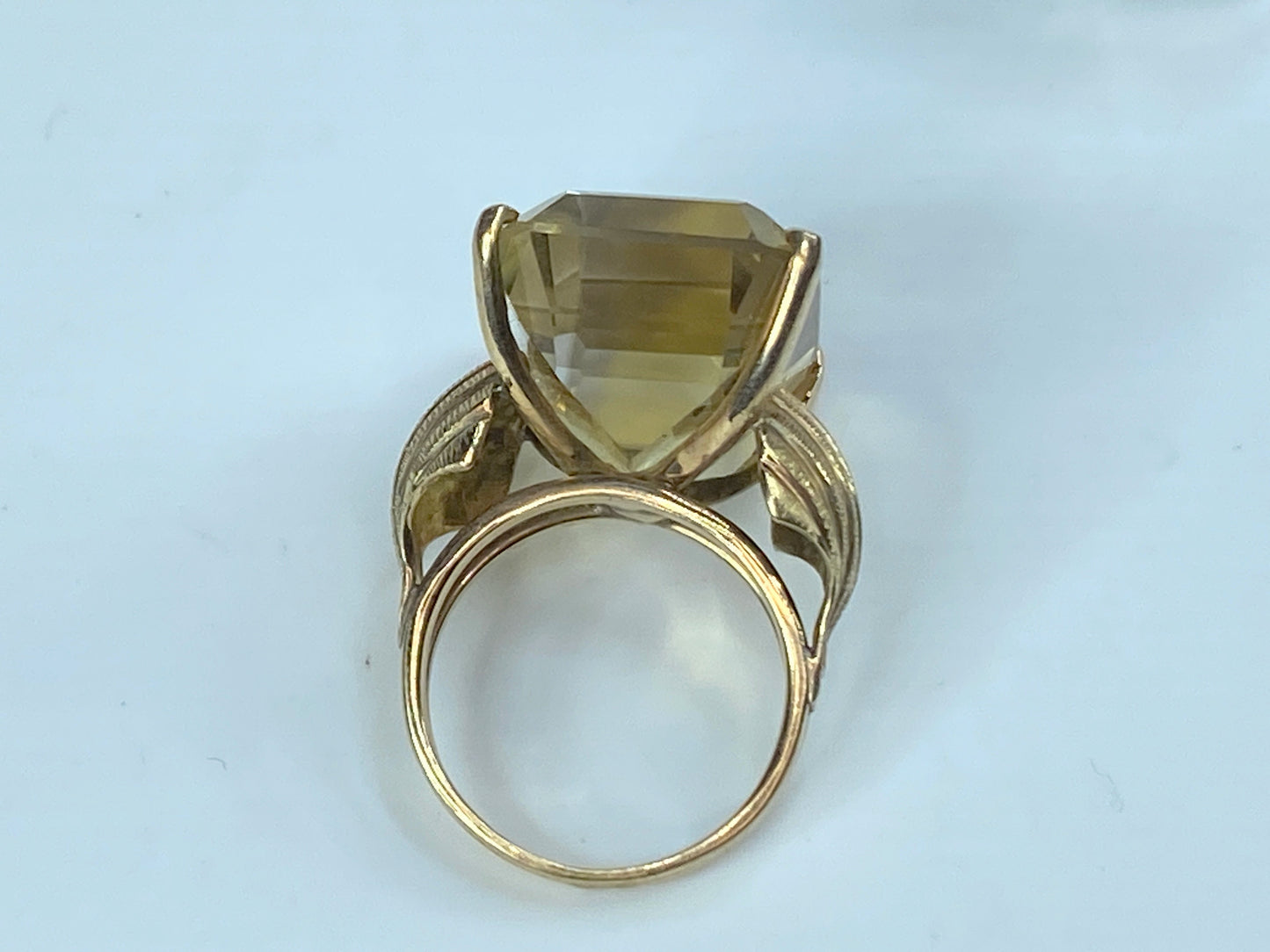 Art Deco emerald cut Citrine Seashell shank ring in 14K gold