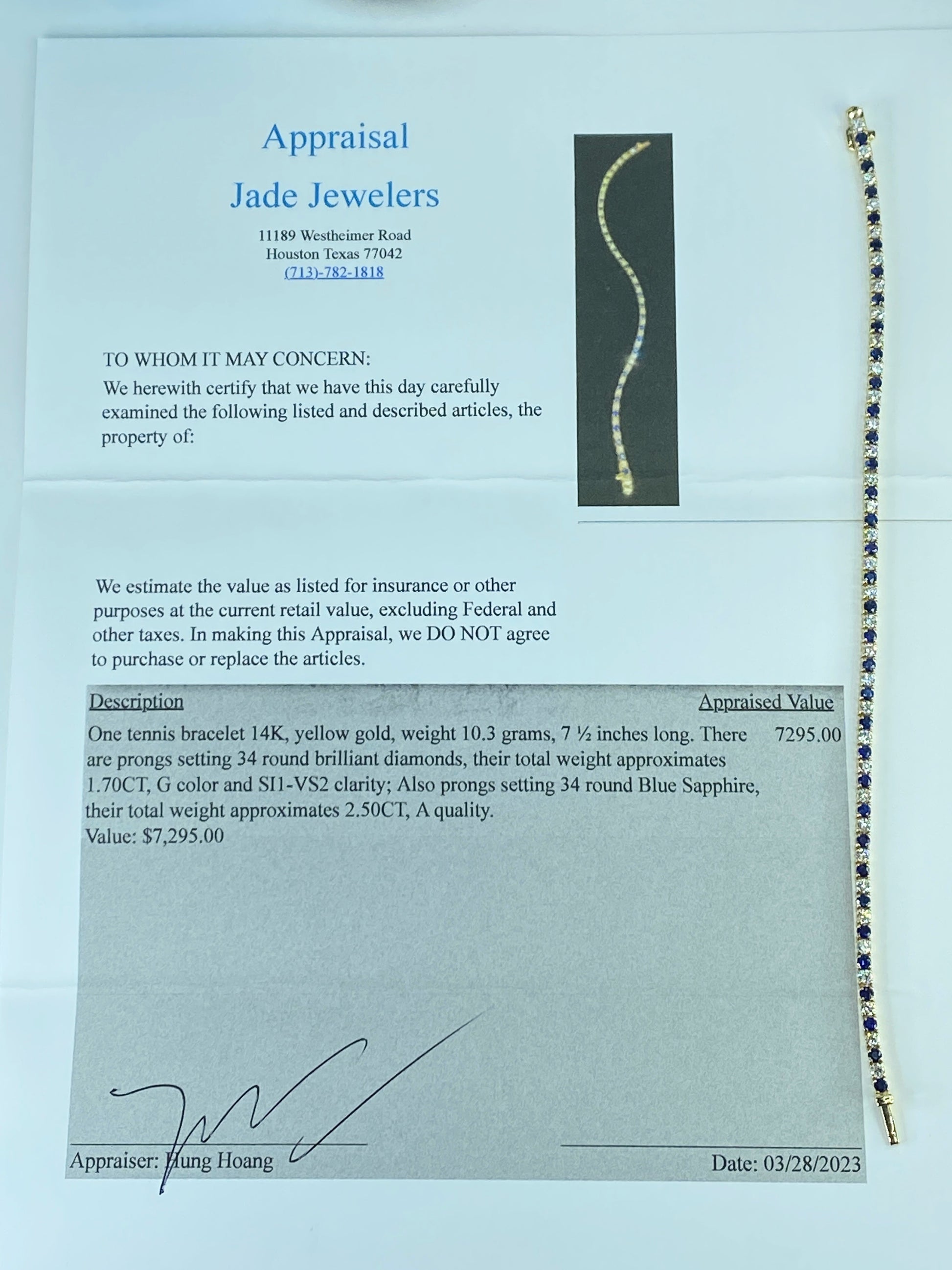 Appraised $7,295 14K 4.20ct natural Sapphire Diamond bracelet 7.5" 10.3g JR441