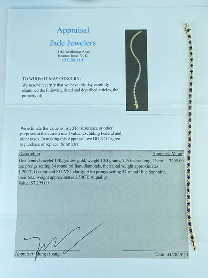 Appraised $7,295 14K 4.20ct natural Sapphire Diamond bracelet 7.5" 10.3g JR441