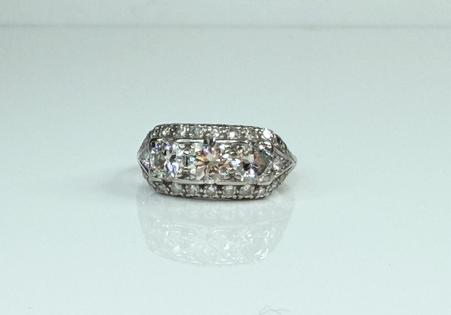 Art Deco Palladium Three Stone Diamond Ring G-H VVS2 Size 6.5 JR1485