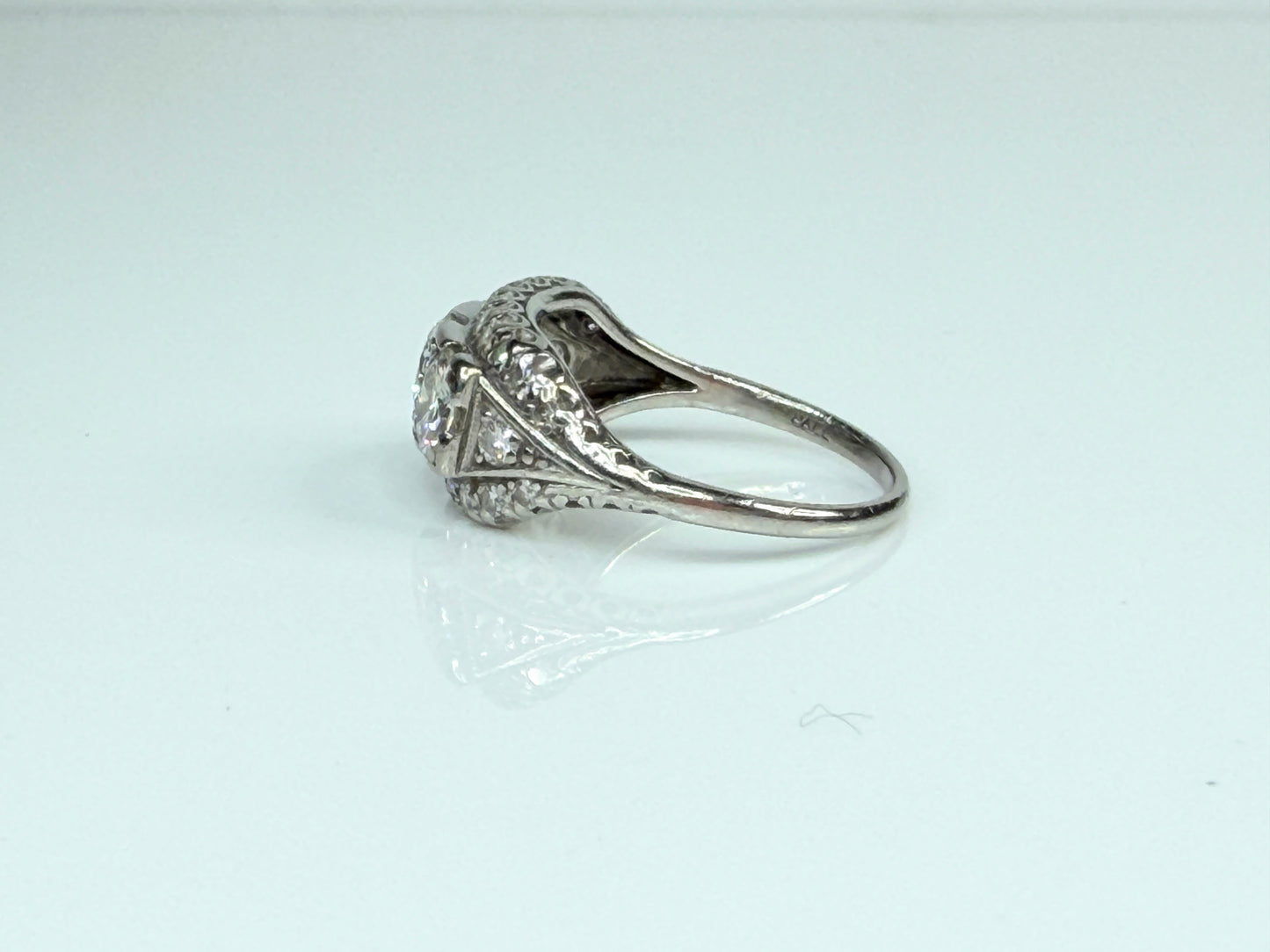 Art Deco Palladium Three Stone Diamond Ring G-H VVS2 Size 6.5 JR1485