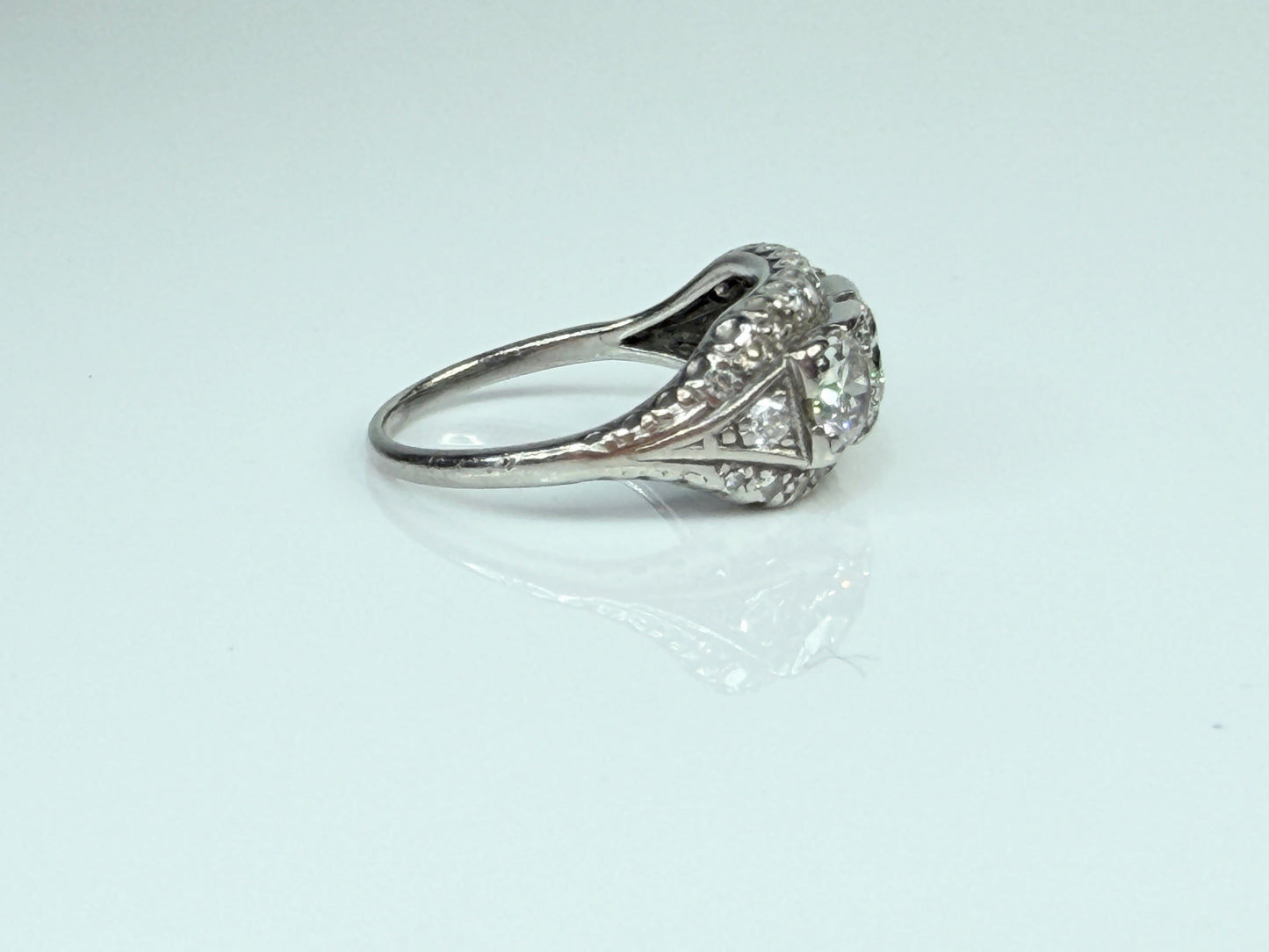 Art Deco Palladium Three Stone Diamond Ring G-H VVS2 Size 6.5 JR1485