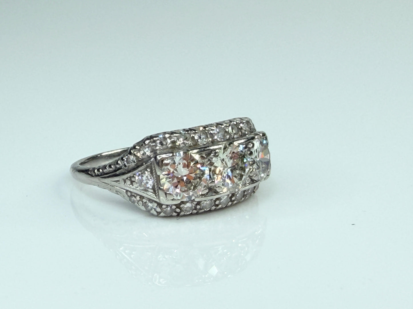 Art Deco Palladium Three Stone Diamond Ring G-H VVS2 Size 6.5 JR1485