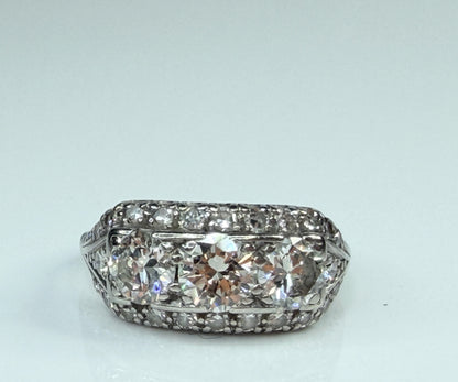 Art Deco Palladium Three Stone Diamond Ring G-H VVS2 Size 6.5 JR1485