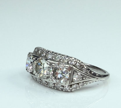 Art Deco Palladium Three Stone Diamond Ring G-H VVS2 Size 6.5 JR1485
