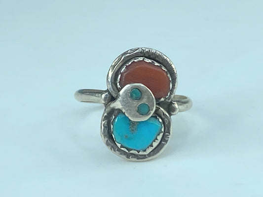 Native American Zuni sterling silver turquoise and coral Effie ring s6.5 JR445