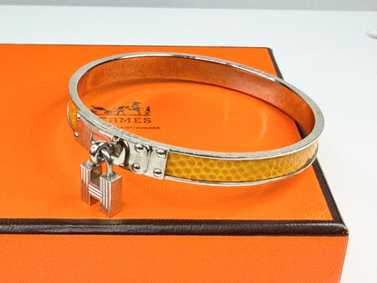 Vintage Hermès Leather Kelly Cadena Lock Bangle Bracelet Yellow GS763