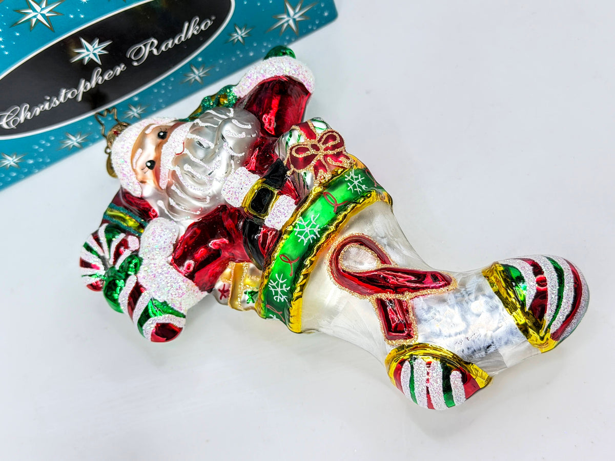Christopher Radko Vintage Santa Stocking Gifts Blown Glass Ornament Mint XN116
