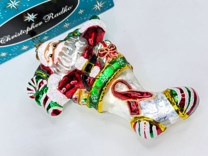 Christopher Radko Vintage Santa Stocking Gifts Blown Glass Ornament Mint XN116