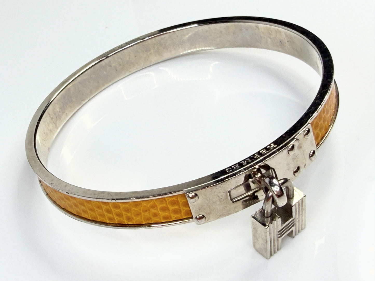 Vintage Hermès Leather Kelly Cadena Lock Bangle Bracelet Yellow GS763