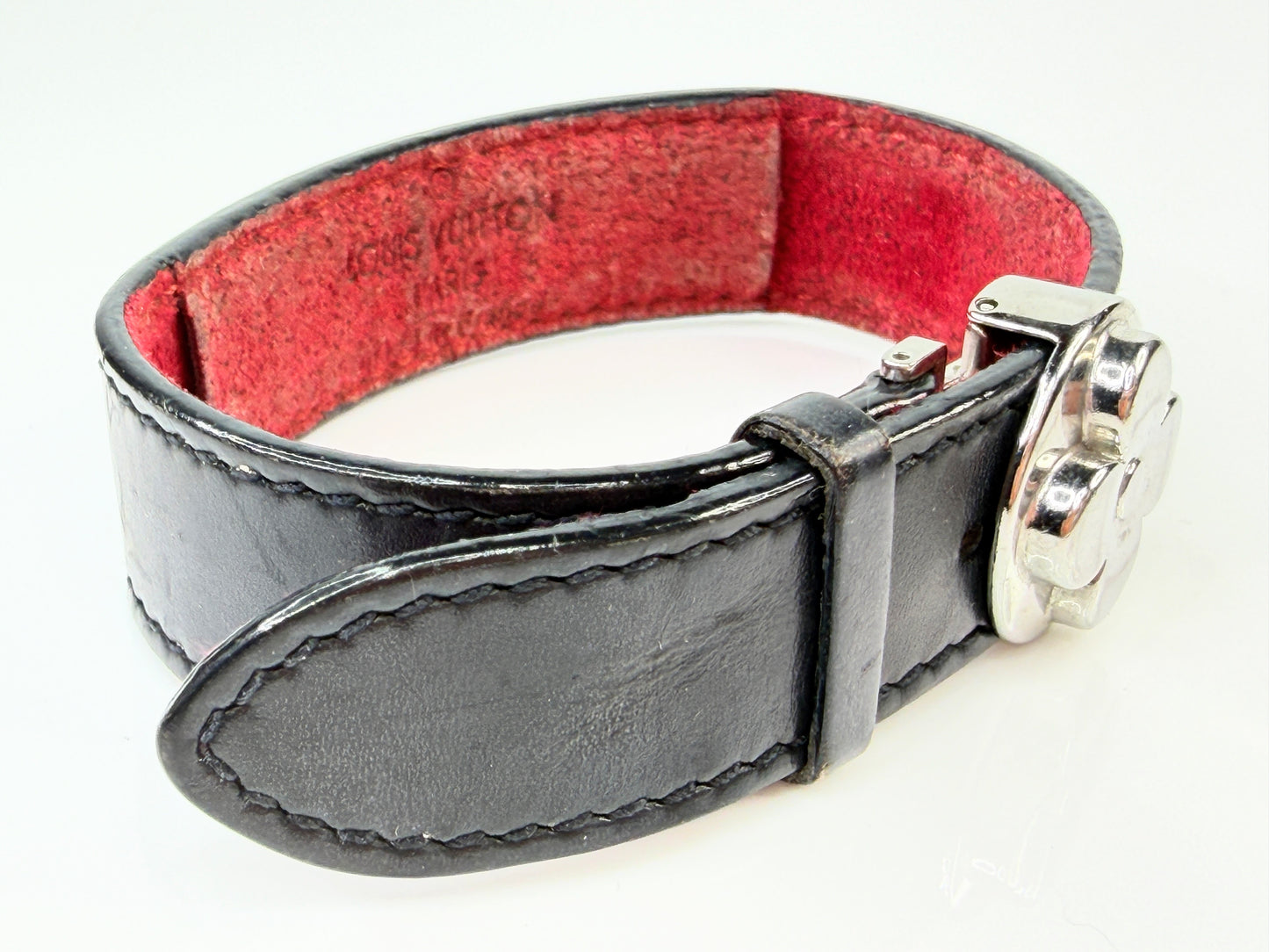Vintage Louis Vuitton Monogram Leather Flower Clasp Bracelet France GS763