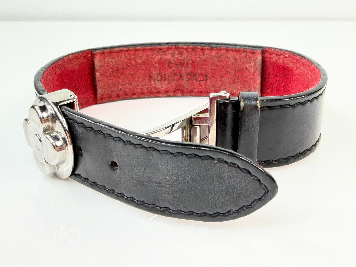Vintage Louis Vuitton Monogram Leather Flower Clasp Bracelet France GS763