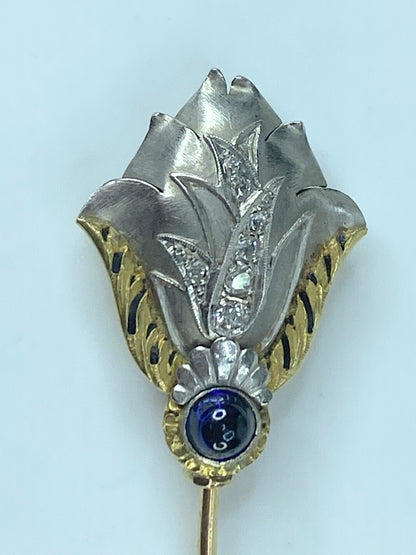 Antique Jabot 14k Gold Platinum Diamond Brooch Pin 7.9g 2 3/4" JR450