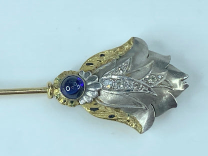 Antique Jabot 14k Gold Platinum Diamond Brooch Pin 7.9g 2 3/4" JR450