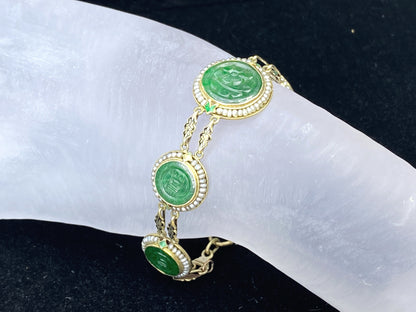 Antique 14K Gold Jadeite & Cultured Seed Pearls Enamel Bracelet