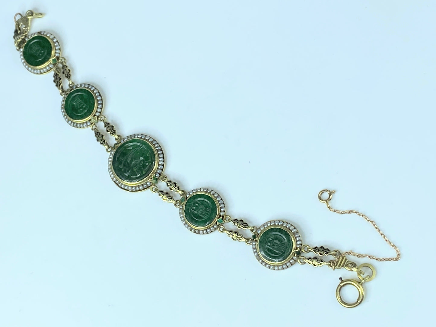 Antique 14K Gold Jadeite & Cultured Seed Pearls Enamel Bracelet