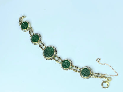 Antique 14K Gold Jadeite & Cultured Seed Pearls Enamel Bracelet