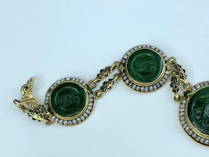 Antique 14K Gold Jadeite & Cultured Seed Pearls Enamel Bracelet