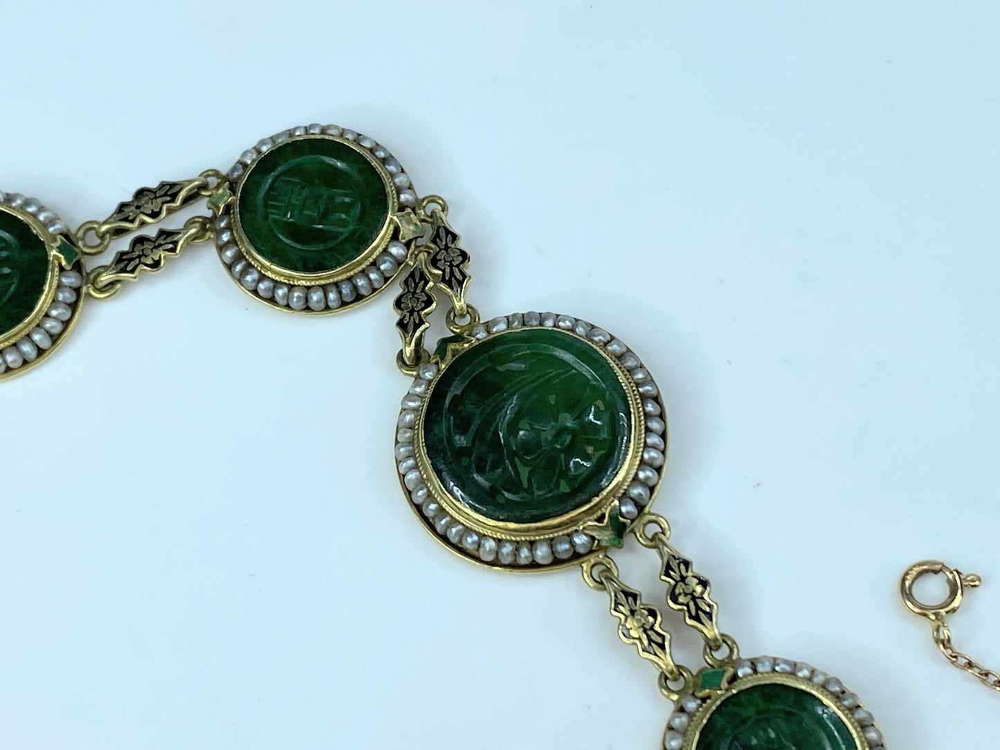 Antique 14K Gold Jadeite & Cultured Seed Pearls Enamel Bracelet