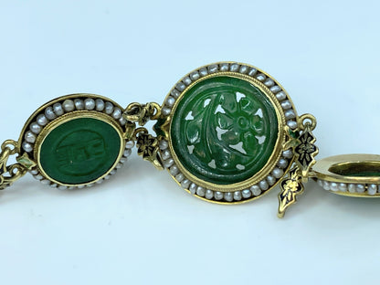 Antique 14K Gold Jadeite & Cultured Seed Pearls Enamel Bracelet