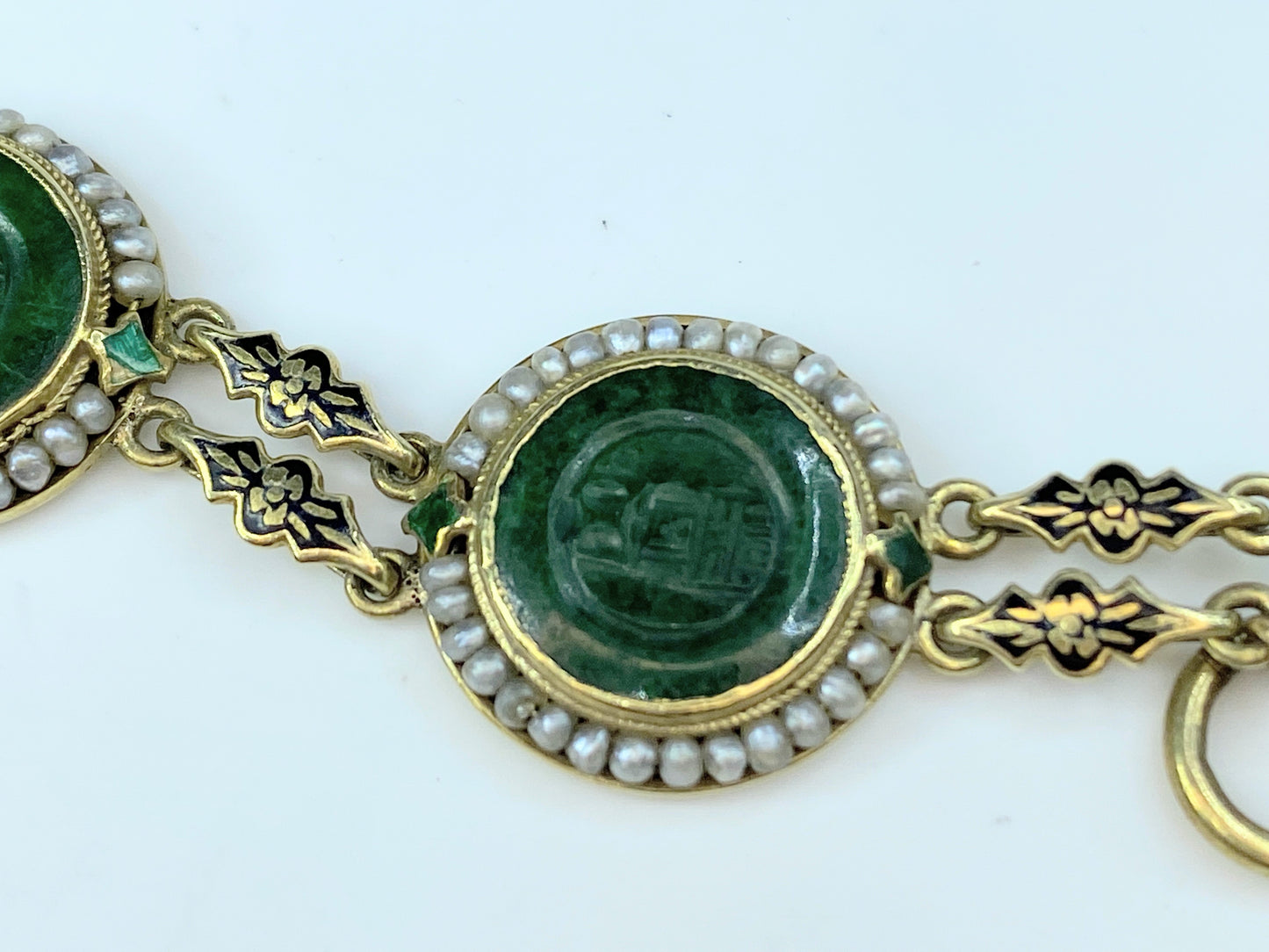 Antique 14K Gold Jadeite & Cultured Seed Pearls Enamel Bracelet