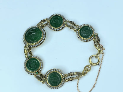 Antique 14K Gold Jadeite & Cultured Seed Pearls Enamel Bracelet