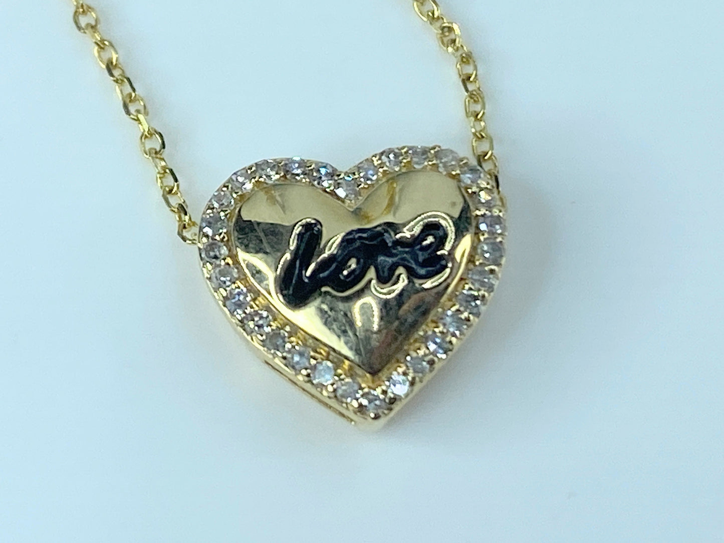 14K yellow gold 0.1ct Diamond enamel "Love" Heart pendant necklace 16" JR451