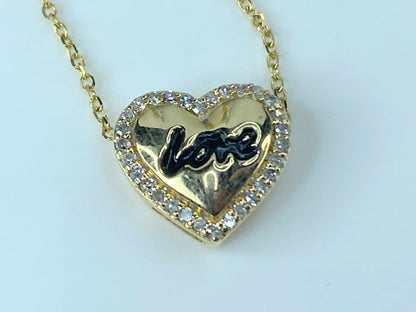 14K yellow gold 0.1ct Diamond enamel "Love" Heart pendant necklace 16" JR451