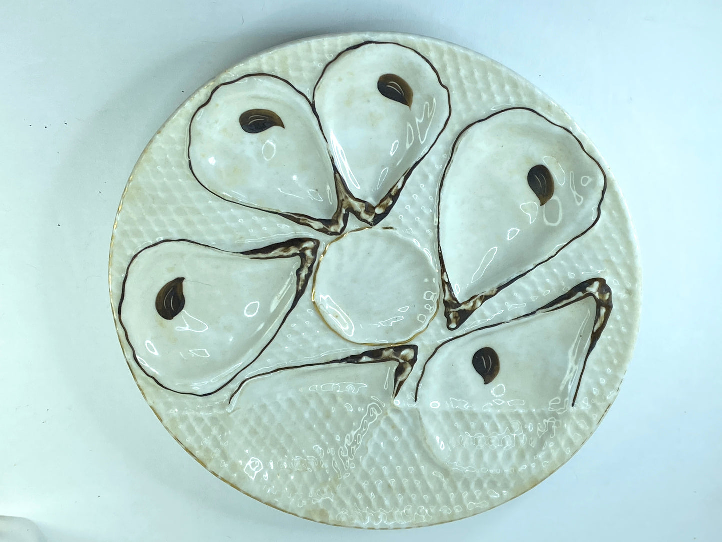 Antique Trompe L’oeil, "Napkin" Six Well Oyster Plate Number 0292 8.5" A397