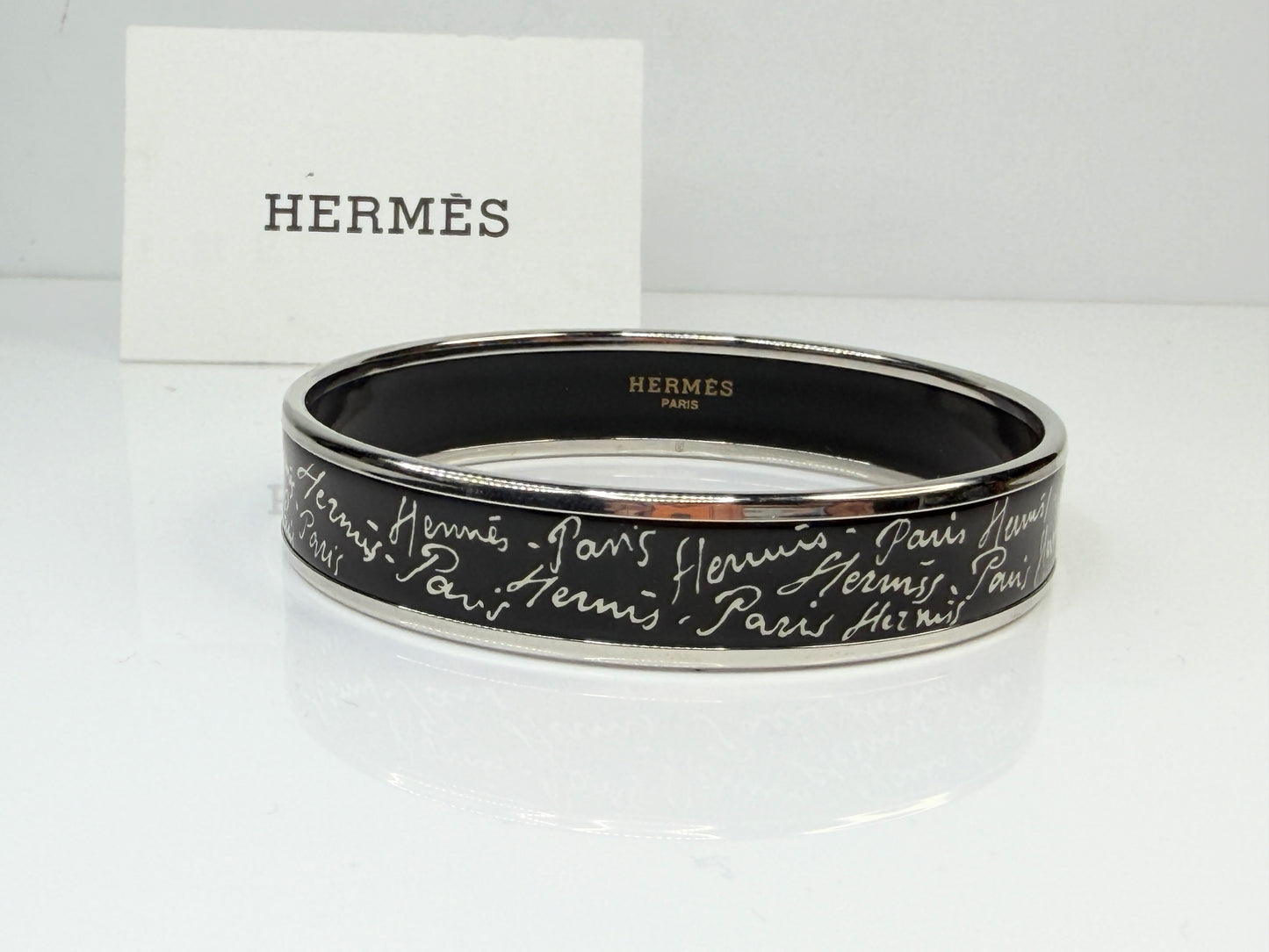 Vintage Hermes Paris Script Enamel Bangle Black Silver Austria GS771