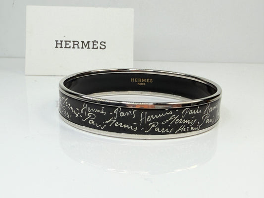 Vintage Hermes Paris Script Enamel Bangle Black Silver Austria GS771