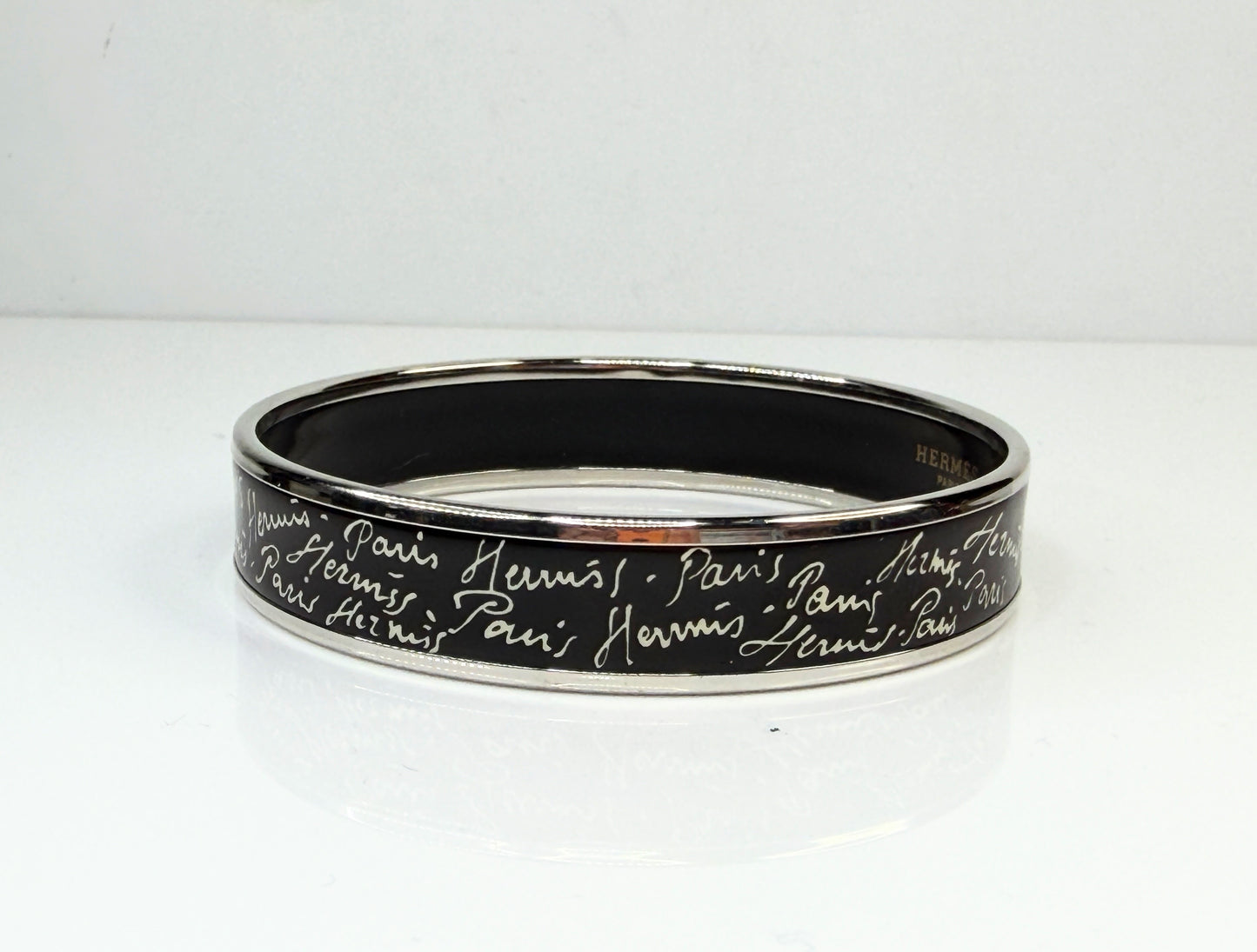 Vintage Hermes Paris Script Enamel Bangle Black Silver Austria GS771